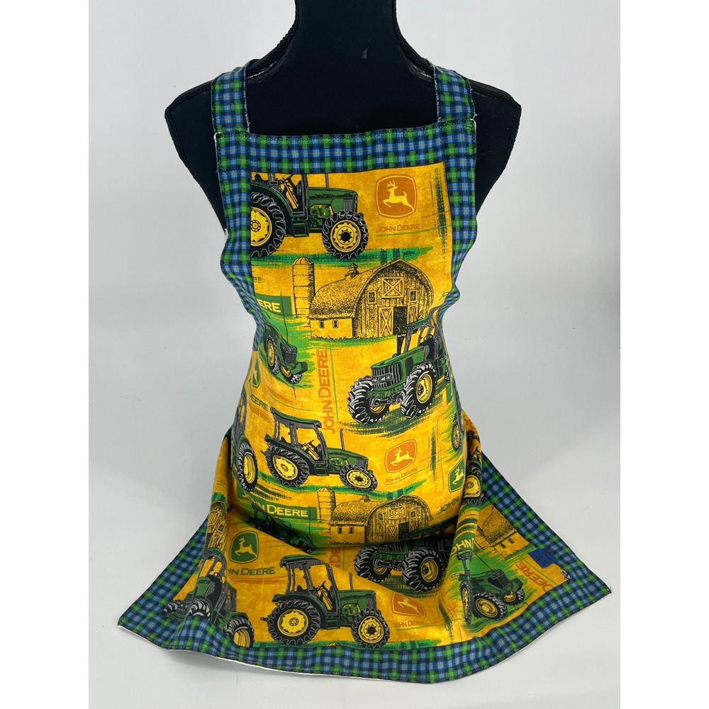 Handmade John Deere Tractor Print Bib Apron Yellow Plaid Trim Farmhouse Style
